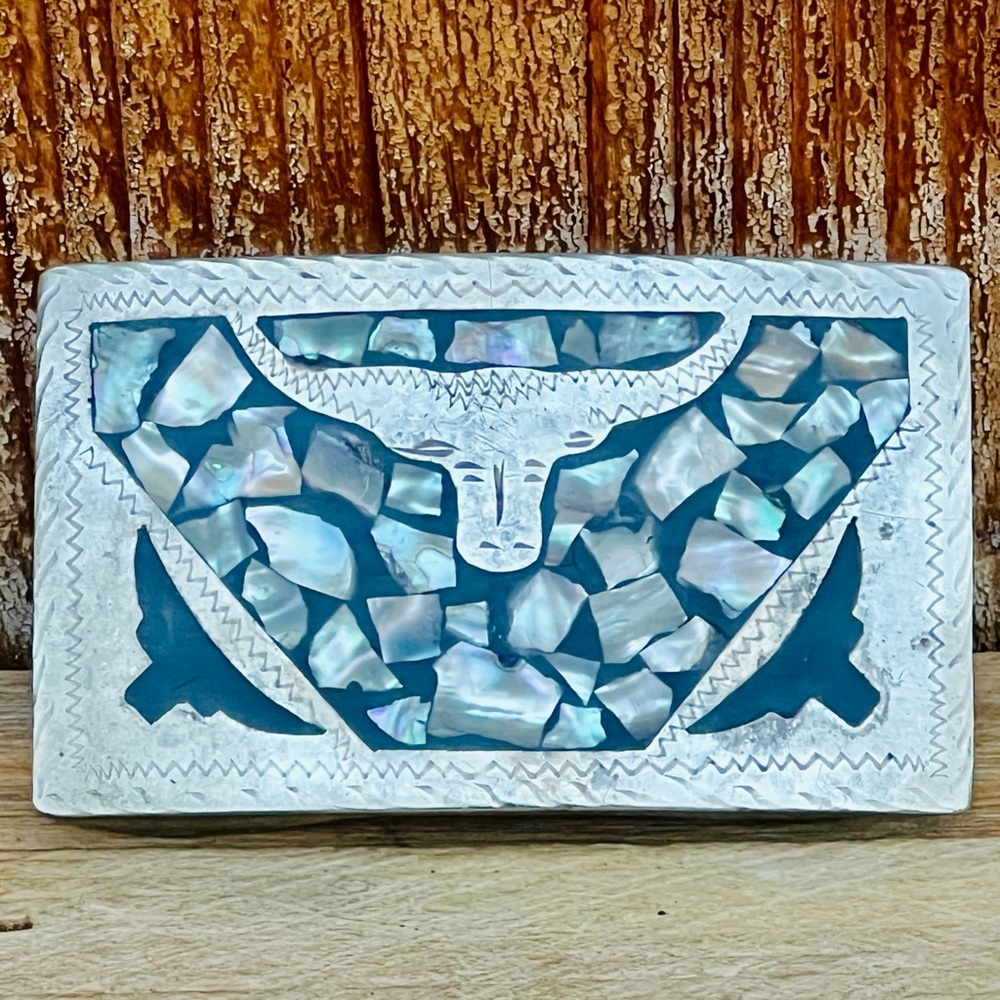 Vintage Alpaca Mexico Silver Western Belt Buckle – Steer Design w/Abalone Inlay